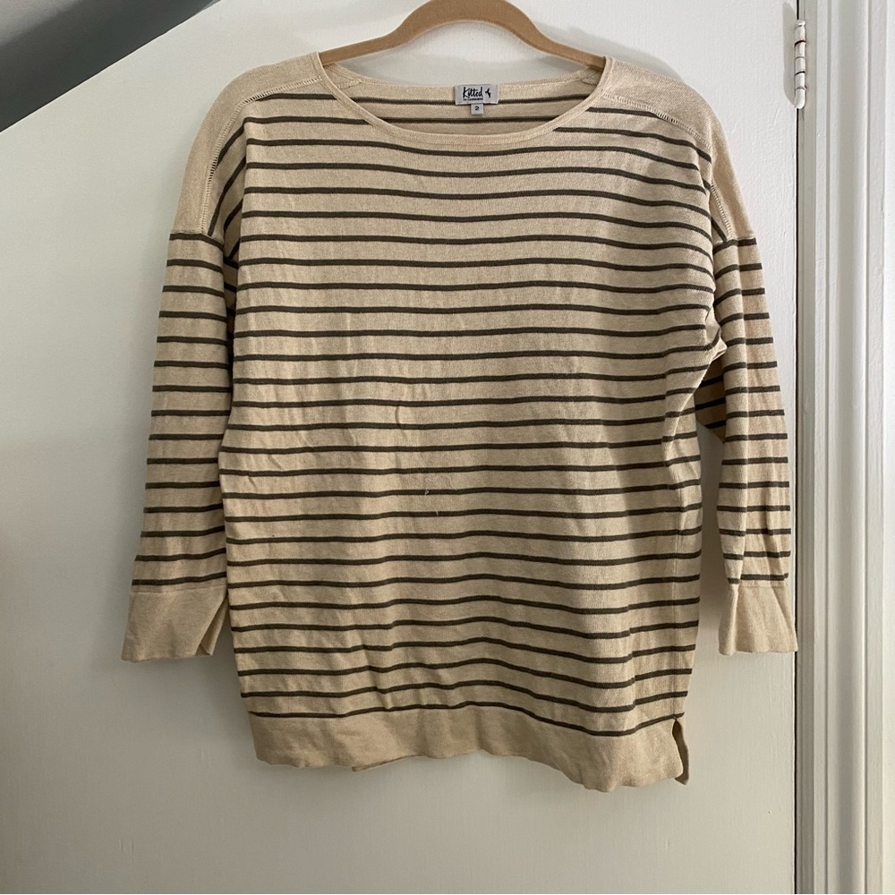 Kitted in Cashmere Size 2 100% cotton Sweater Striped Olive Cream Sweater